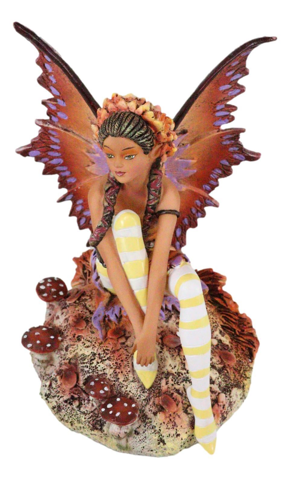 Amy Brown Fantasy Fall Ebony Fairy Sitting on Rock Garden Autumn Winds Figurine