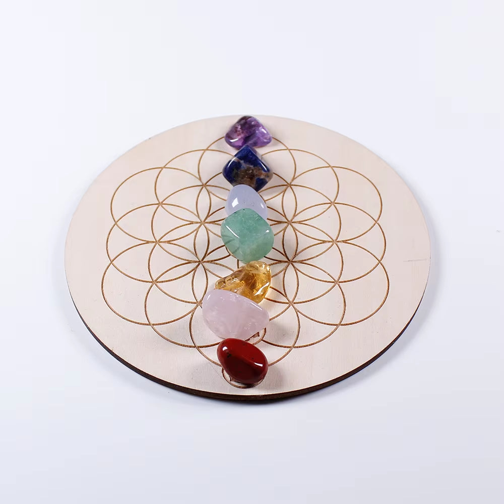 7Pcs/Set Natural Crystal Mixed Seven Chakra Healing Stone + Seven Star Array Wood Plate Gravel Chips Chakra Home Decor Gift