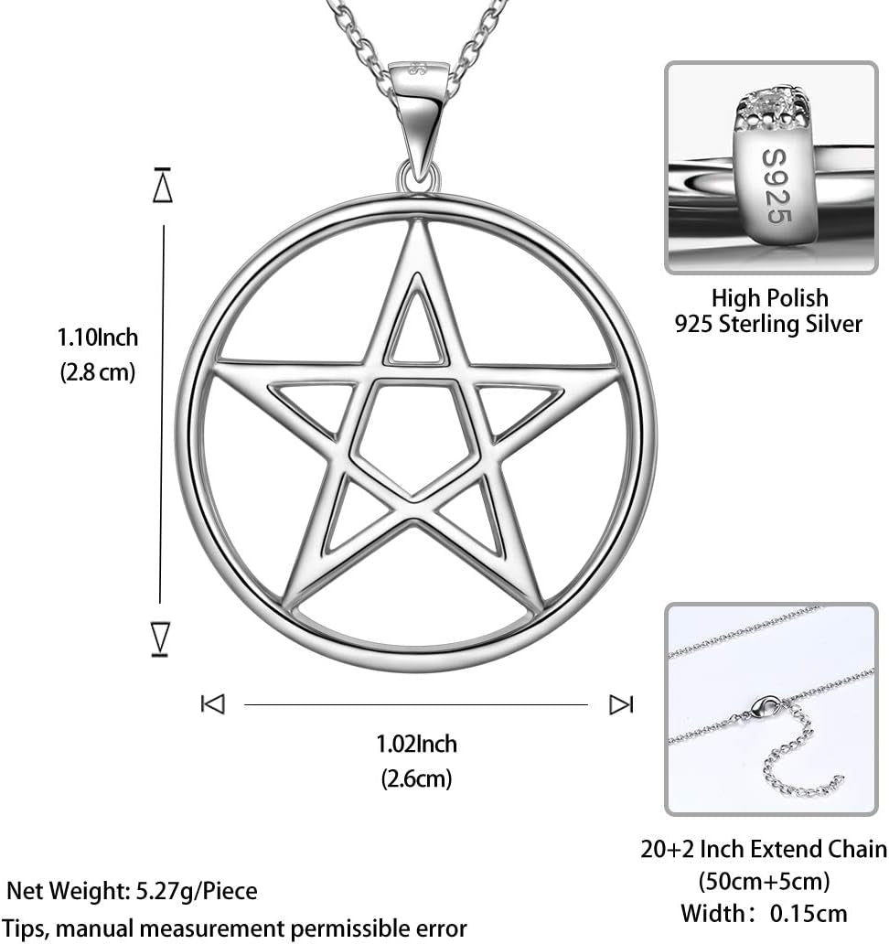925 Sterling Silver Pentagram Necklace - Fine Jewelry Gift for Women Men'S Pentacle Pendant Charm Gothic Wiccan Crescent Moon Cross Evil Eye Amulet