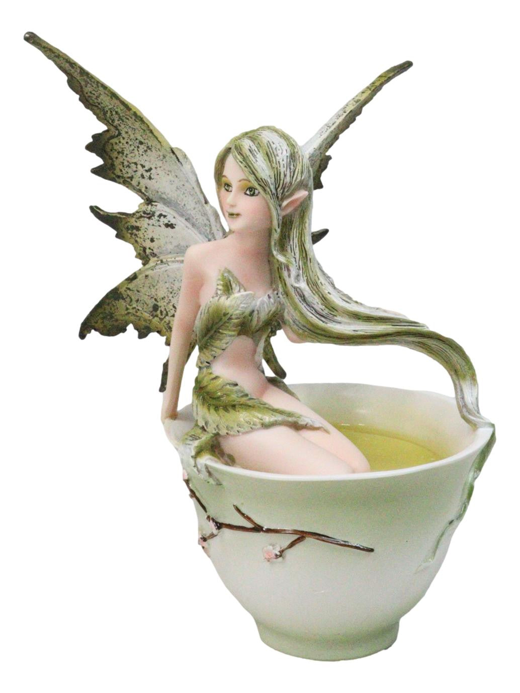 Ebros Amy Brown Matcha Green Tea Fairy in Teacup Figurine Fairy Garden 6"H