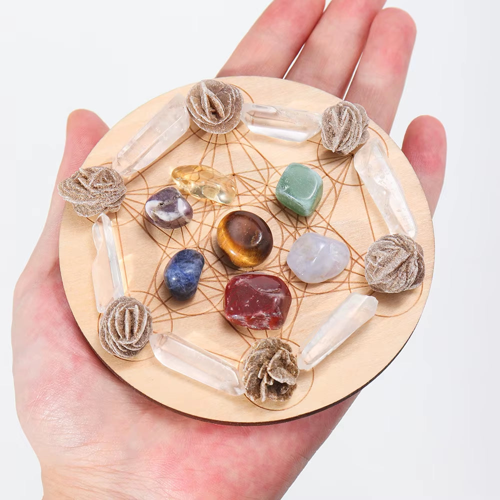 7Pcs/Set Natural Crystal Mixed Seven Chakra Healing Stone + Seven Star Array Wood Plate Gravel Chips Chakra Home Decor Gift