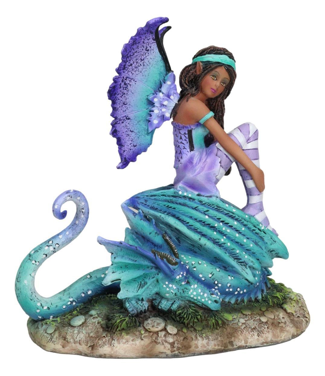 Amy Brown Fantasy Magic Turquoise Ebony Fairy Perching on Water Dragon Figurine