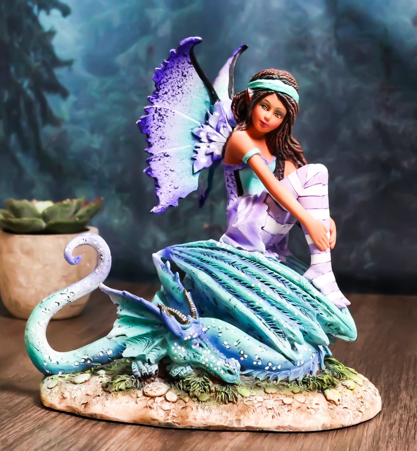 Amy Brown Fantasy Magic Turquoise Ebony Fairy Perching on Water Dragon Figurine