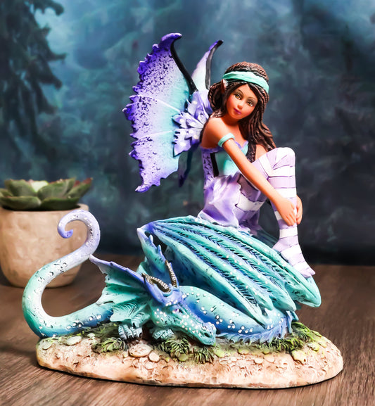 Amy Brown Fantasy Magic Turquoise Ebony Fairy Perching on Water Dragon Figurine