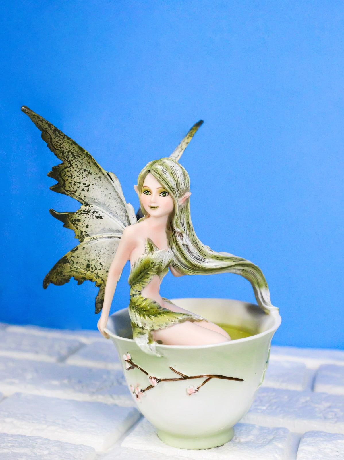 Ebros Amy Brown Matcha Green Tea Fairy in Teacup Figurine Fairy Garden 6"H