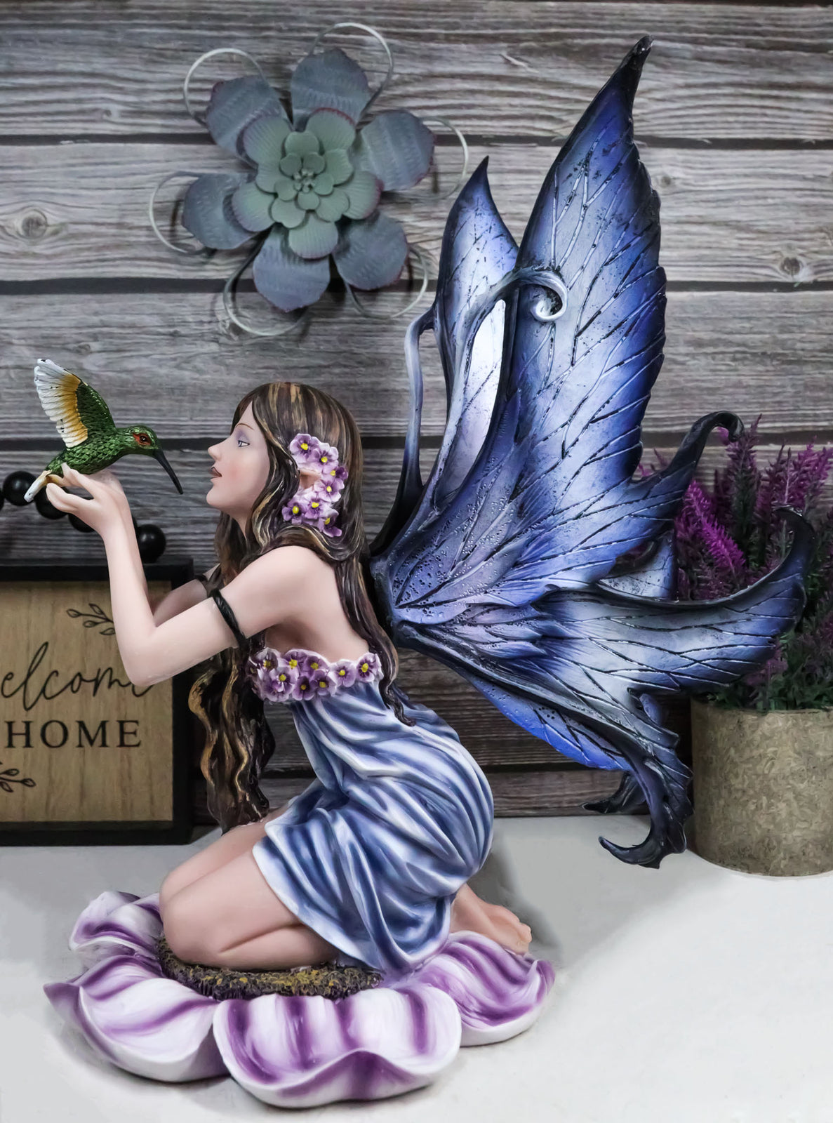 Purple Lavender Flower Fairy with Hummingbird Figurine 14"H Fairy Garden Statue