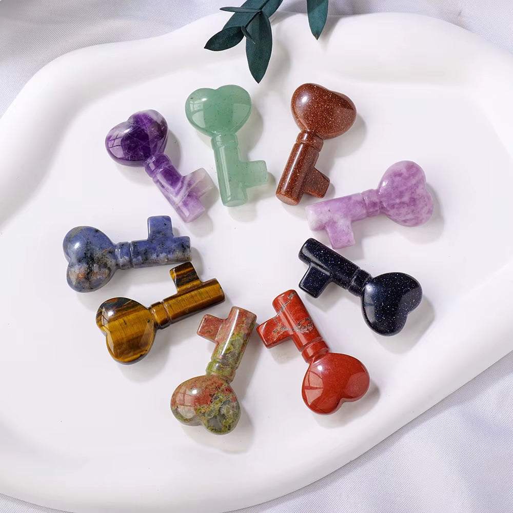 1PC Natural Crystal Stone Heart Key Shape Rose Quartz Amethyst Carving Gemstone DIY Jewelry Necklace