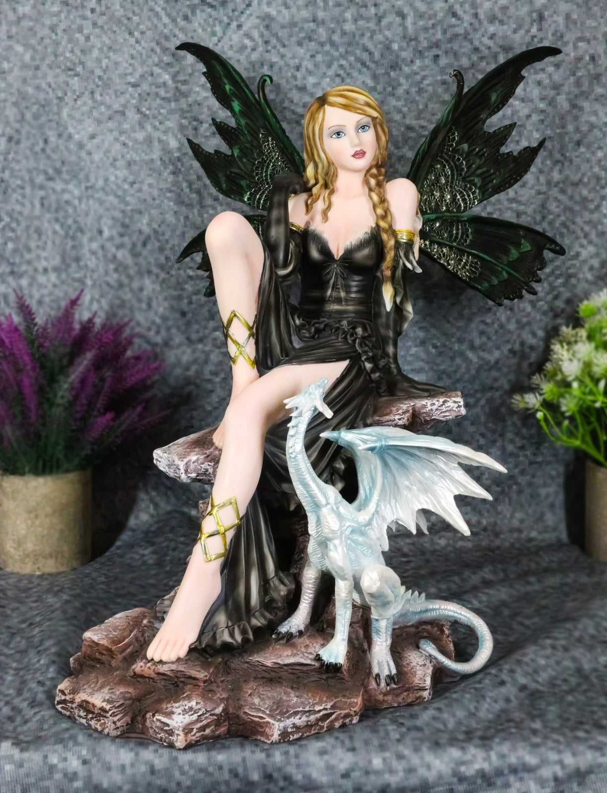 Large 17.5"H Collectible Large Fantasy Fairy with Black Dragon Figurine Statue