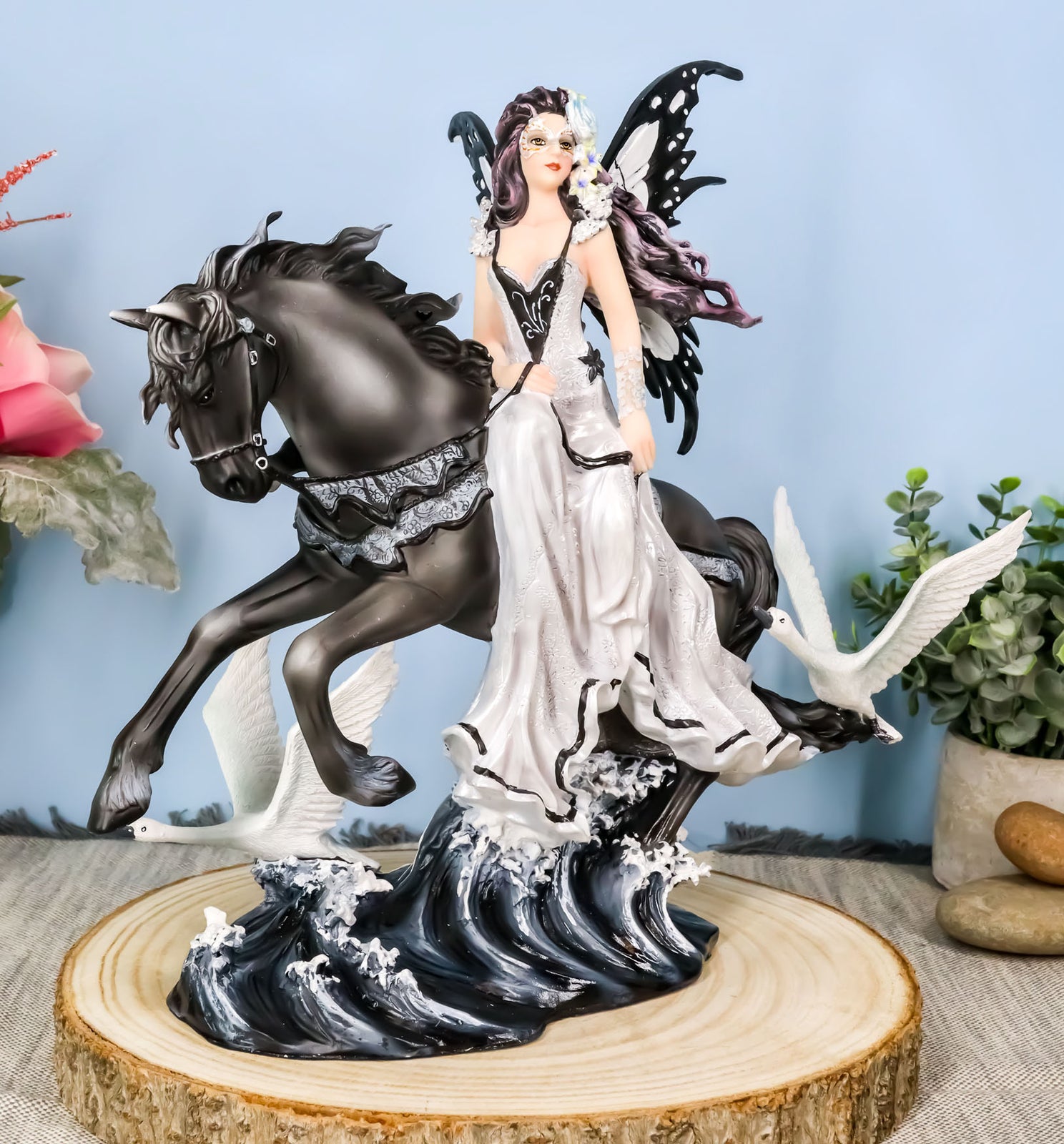 Ebros Black Beauty Masquerade Swan Fairy Riding Black Horse Figurine 12"H