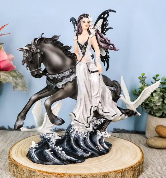 Ebros Black Beauty Masquerade Swan Fairy Riding Black Horse Figurine 12"H