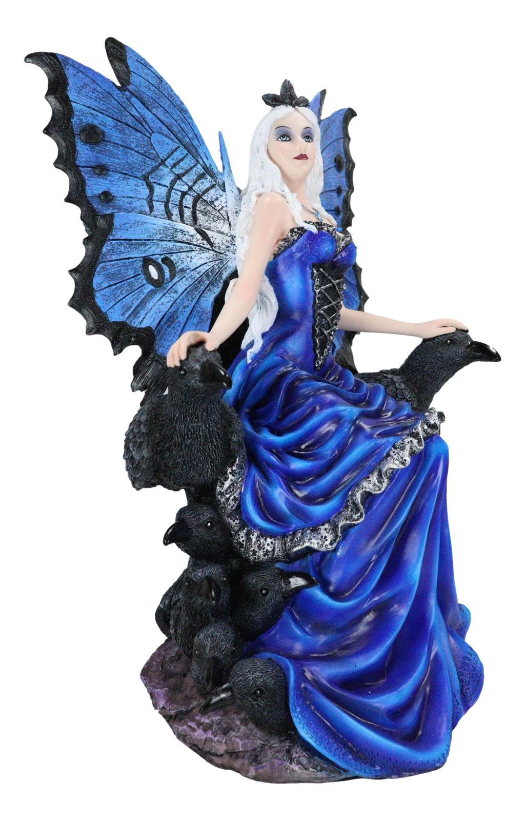 Gothic Raven Crow Fairy Queen in Blue Gown Sitting on Throne of Crows Statue