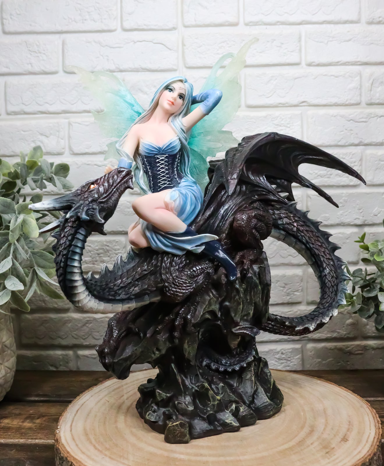 Large 13" Tall Blue Ice Frozen Lair Fairy with Black Skull Dragon Figurine
