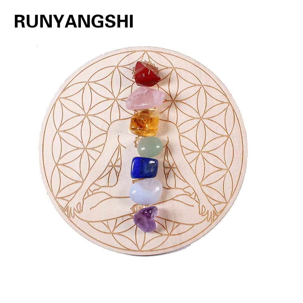 7Pcs/Set Natural Crystal Mixed Seven Chakra Healing Stone + Seven Star Array Wood Plate Gravel Chips Chakra Home Decor Gift