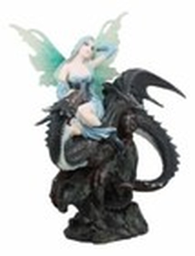 Large 13" Tall Blue Ice Frozen Lair Fairy with Black Skull Dragon Figurine