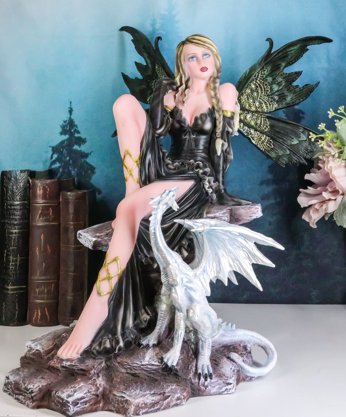 Large 17.5"H Collectible Large Fantasy Fairy with Black Dragon Figurine Statue