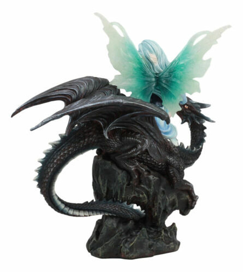 Large 13" Tall Blue Ice Frozen Lair Fairy with Black Skull Dragon Figurine