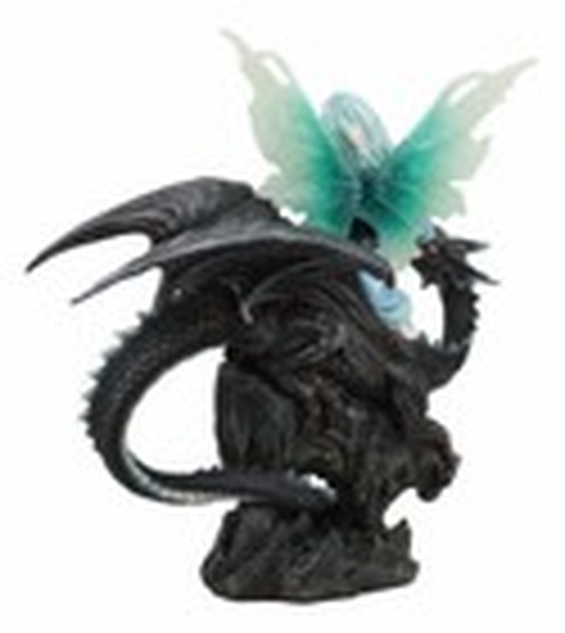 Large 13" Tall Blue Ice Frozen Lair Fairy with Black Skull Dragon Figurine