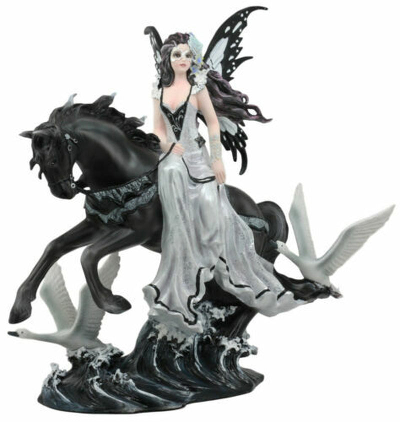 Ebros Black Beauty Masquerade Swan Fairy Riding Black Horse Figurine 12"H