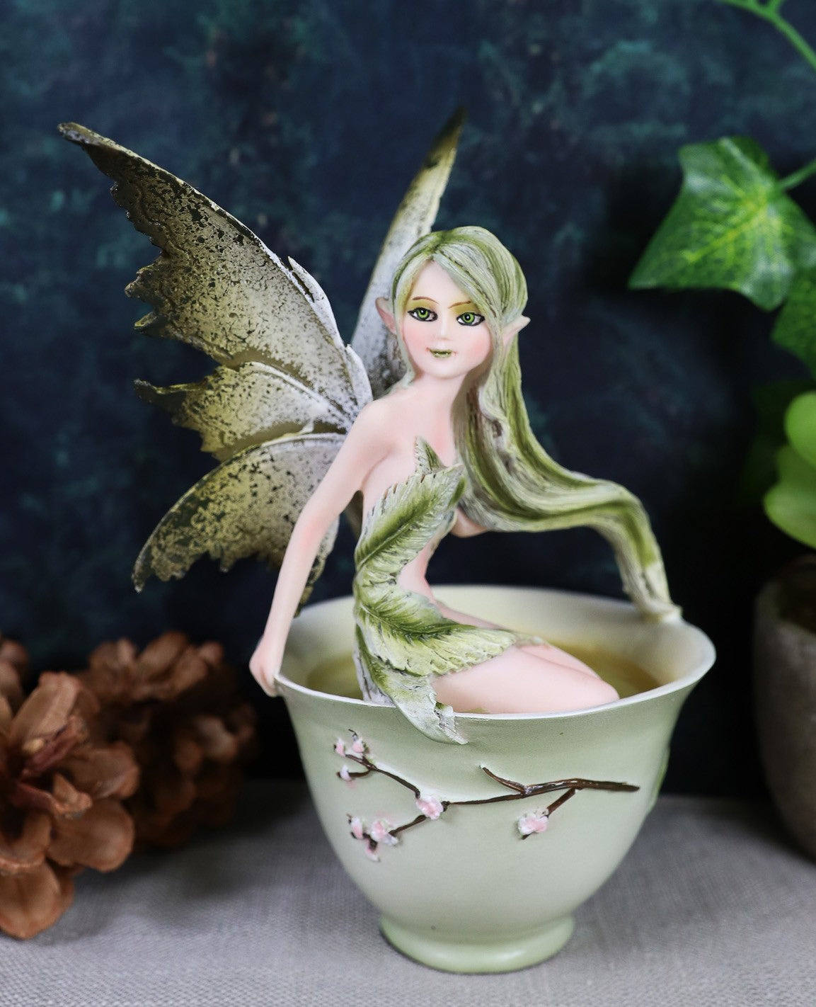 Ebros Amy Brown Matcha Green Tea Fairy in Teacup Figurine Fairy Garden 6"H