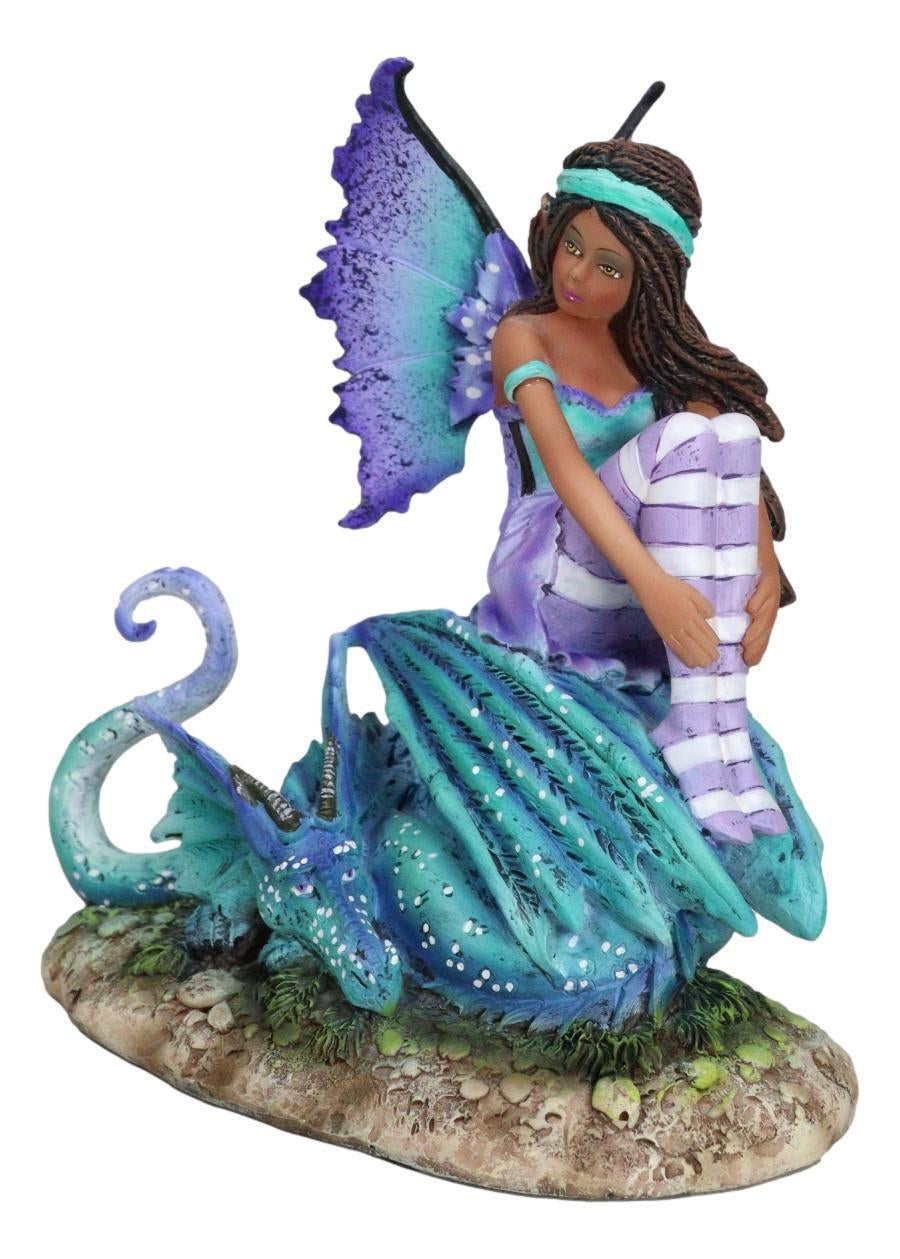 Amy Brown Fantasy Magic Turquoise Ebony Fairy Perching on Water Dragon Figurine