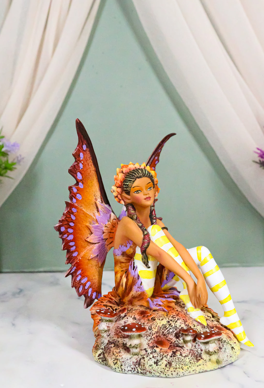 Amy Brown Fantasy Fall Ebony Fairy Sitting on Rock Garden Autumn Winds Figurine
