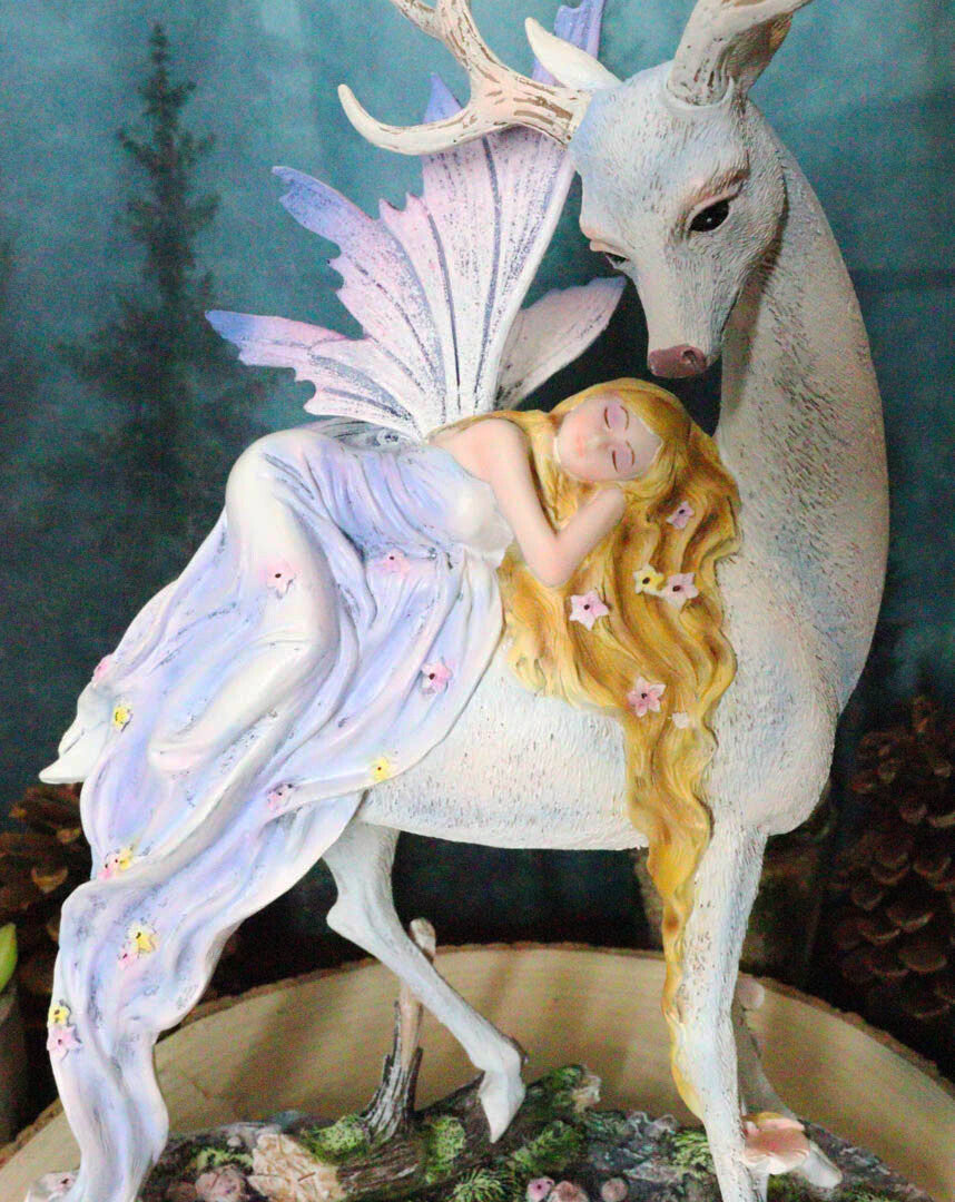Ebros Large Blonde Fairy Sleeping on Sacred Capiz Blue Pearl Stag Elk Statue