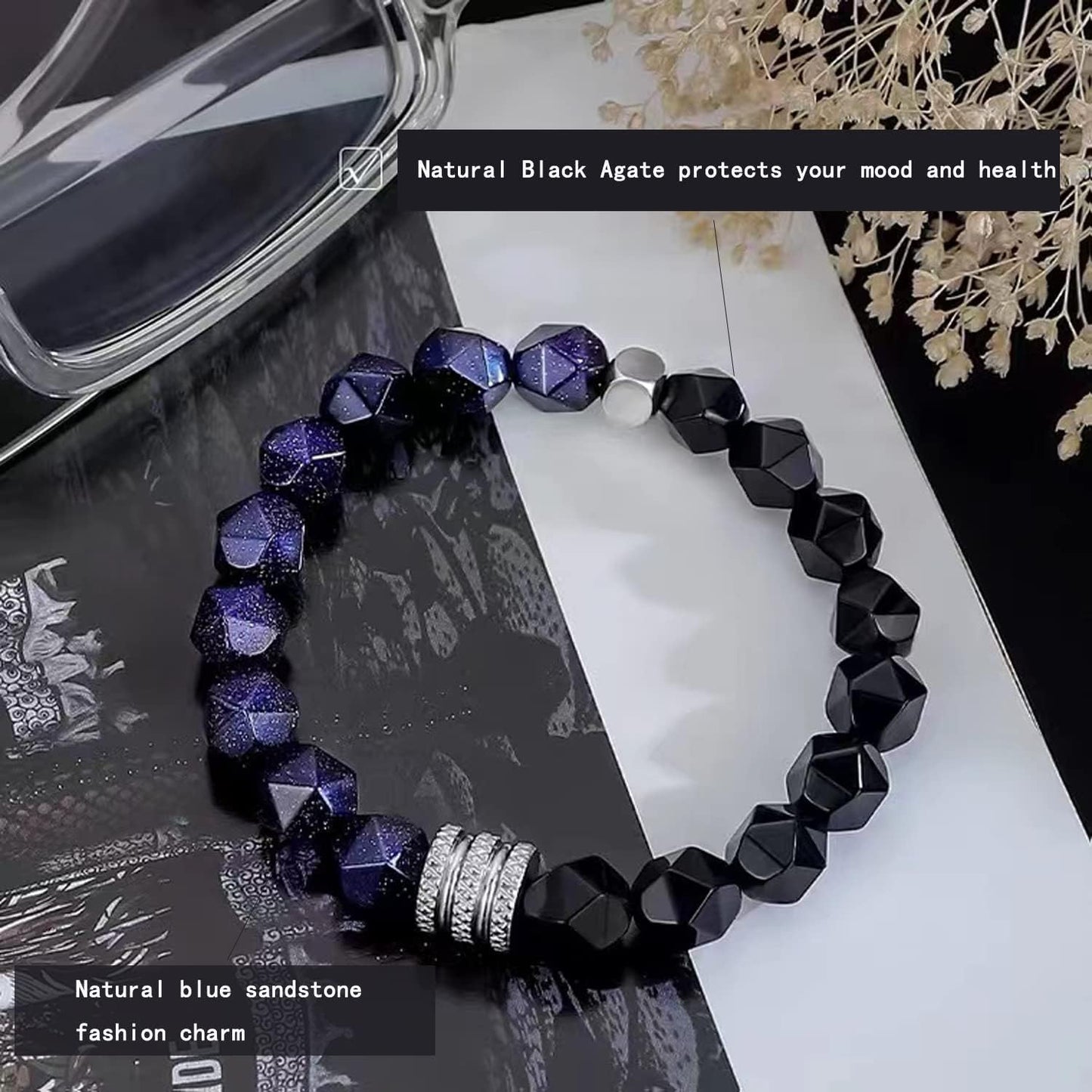 Black Raw Tourmaline Crystal Stone Necklace Pendant Amulet Pillar Pendant+Triple Protection Bracelet Hematite Obsidian Tiger Eye Bracelets for Men Women 2Pcs …
