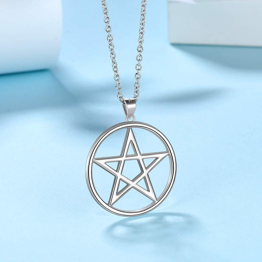 925 Sterling Silver Pentagram Necklace - Fine Jewelry Gift for Women Men'S Pentacle Pendant Charm Gothic Wiccan Crescent Moon Cross Evil Eye Amulet