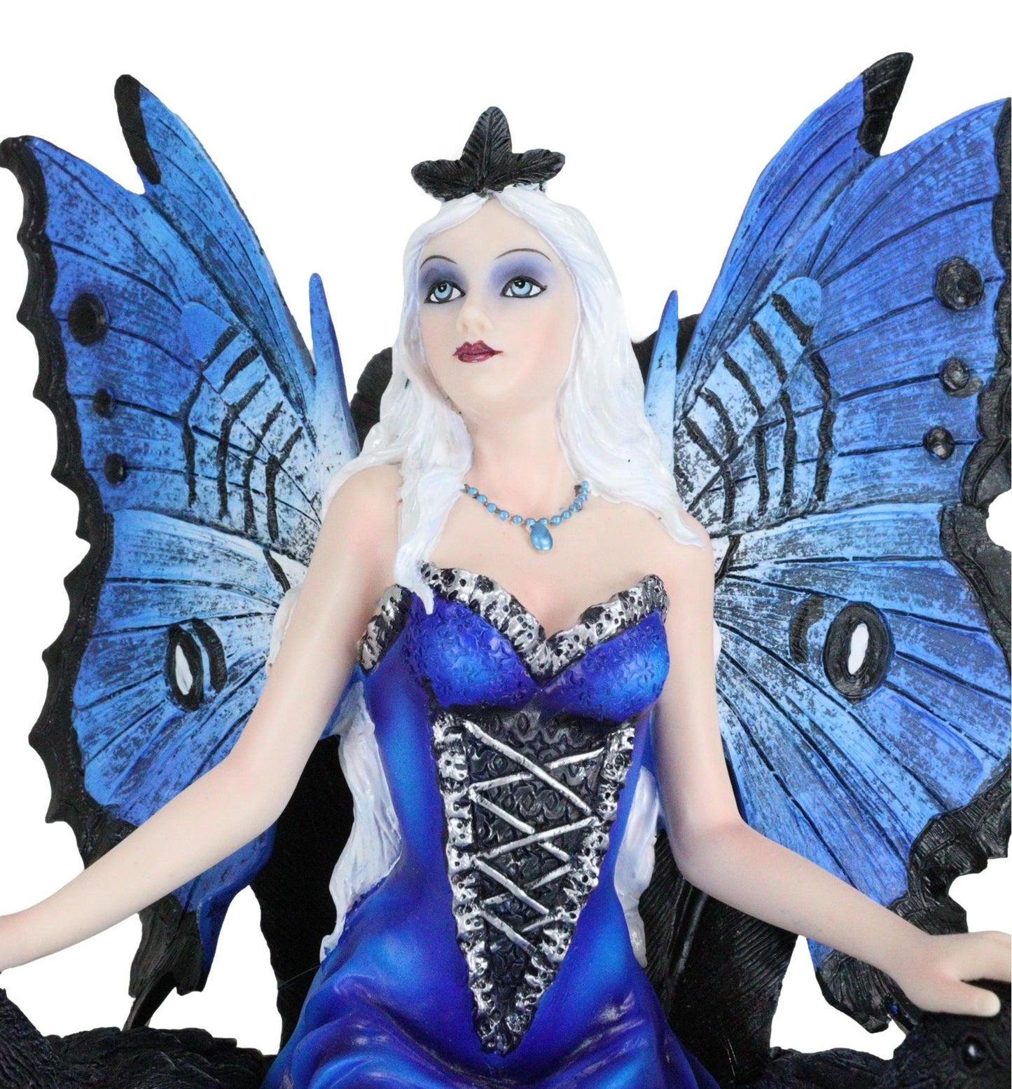 Gothic Raven Crow Fairy Queen in Blue Gown Sitting on Throne of Crows Statue