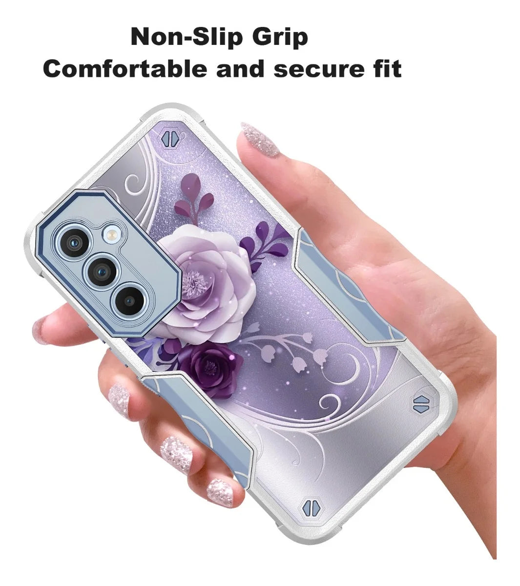 Samsung Galaxy S24 FE Case, Hybrid Dual Layer Graphic Design Pattern Heavy Duty Protection Case for Samsung Galaxy S24 FE (Purple Flower)
