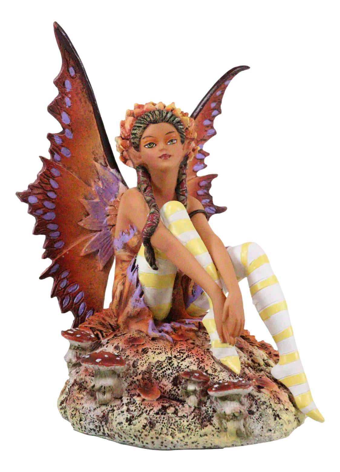 Amy Brown Fantasy Fall Ebony Fairy Sitting on Rock Garden Autumn Winds Figurine