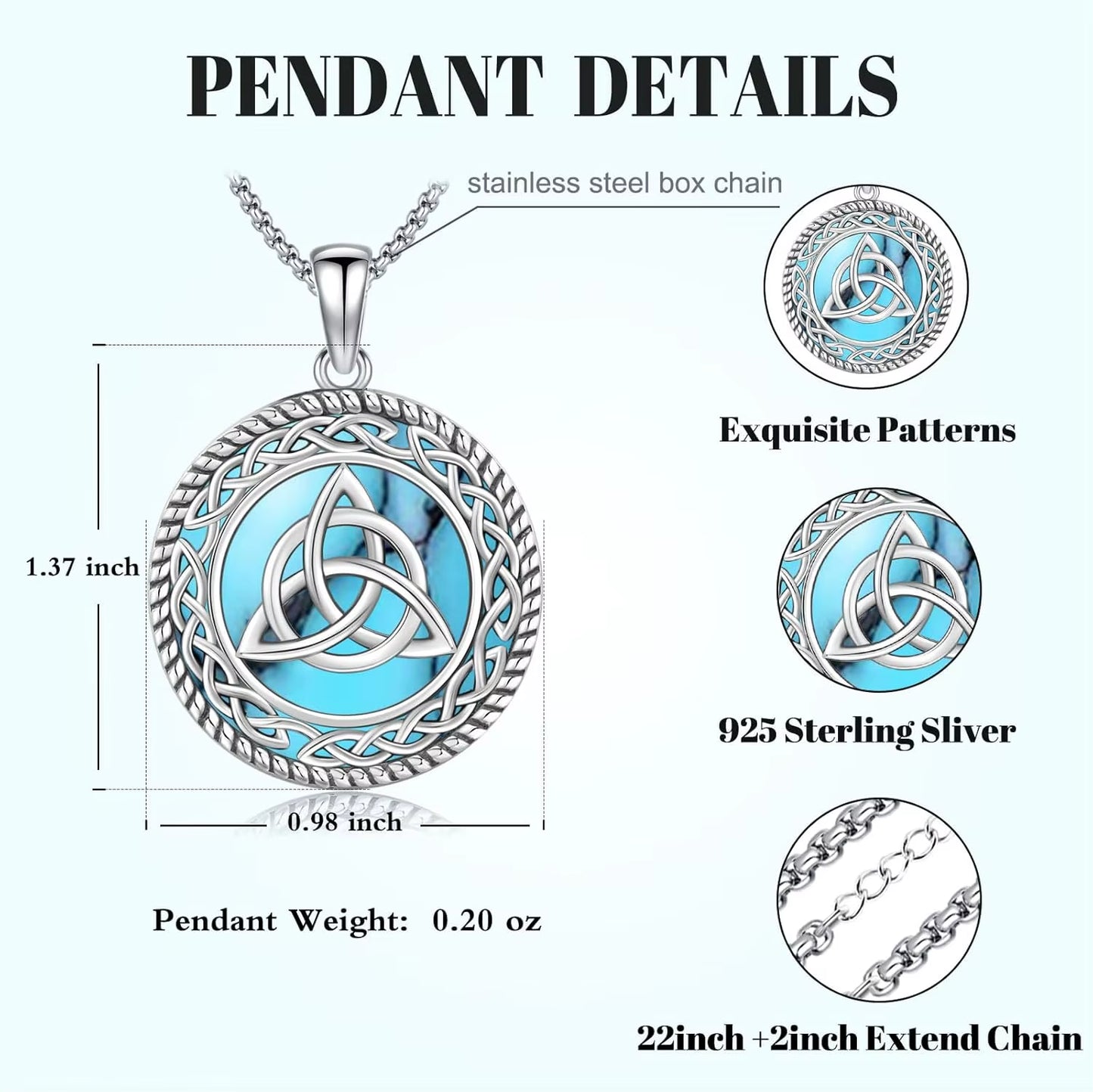 Celtic Knot Necklace 925 Sterling Silver Witch Celtic Knot Turquoise Pendant Amulet Pentagram Jewelry for Women Men Christmas