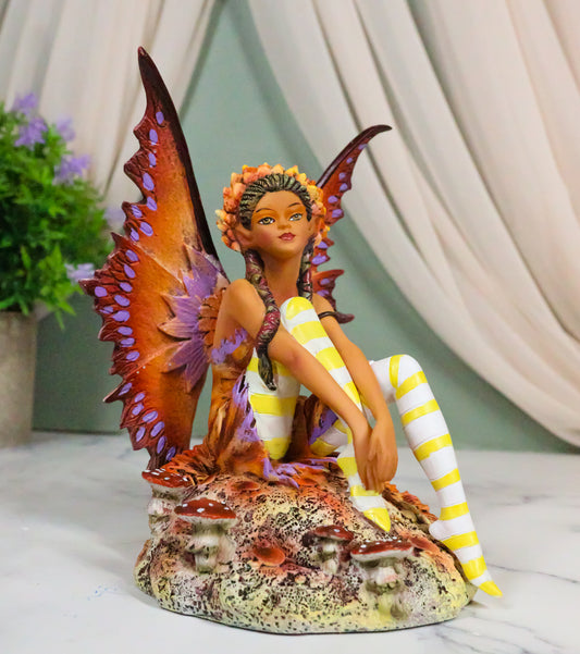 Amy Brown Fantasy Fall Ebony Fairy Sitting on Rock Garden Autumn Winds Figurine