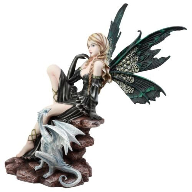 Large 17.5"H Collectible Large Fantasy Fairy with Black Dragon Figurine Statue