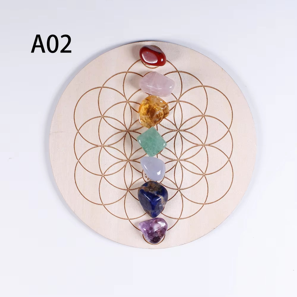 7Pcs/Set Natural Crystal Mixed Seven Chakra Healing Stone + Seven Star Array Wood Plate Gravel Chips Chakra Home Decor Gift