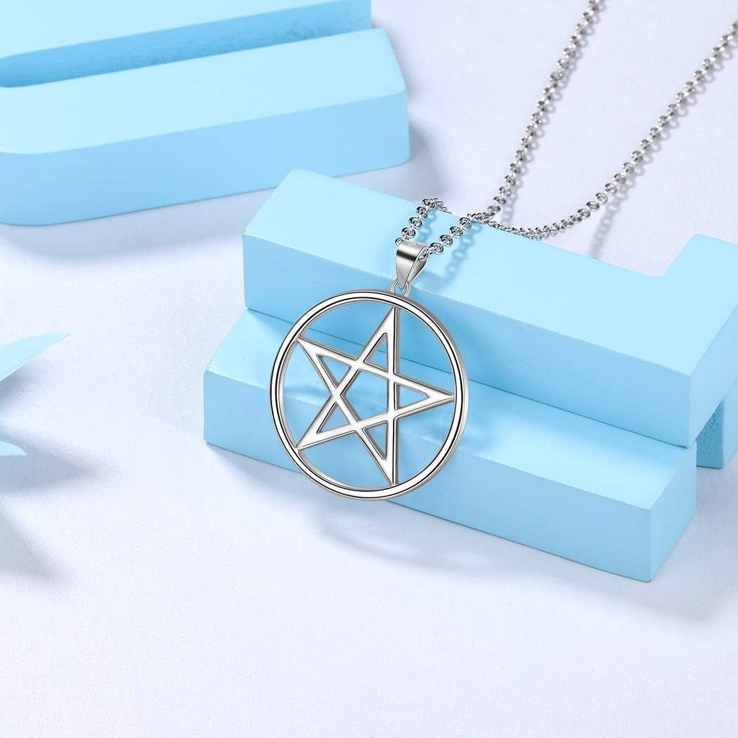 925 Sterling Silver Pentagram Necklace - Fine Jewelry Gift for Women Men'S Pentacle Pendant Charm Gothic Wiccan Crescent Moon Cross Evil Eye Amulet