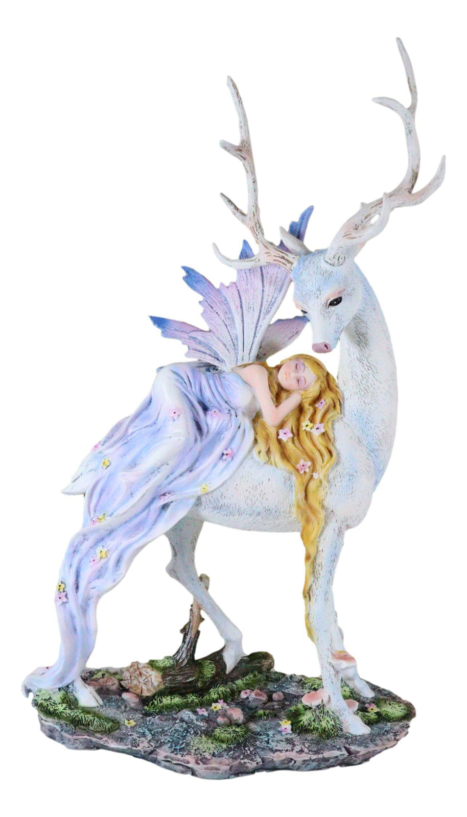 Ebros Large Blonde Fairy Sleeping on Sacred Capiz Blue Pearl Stag Elk Statue
