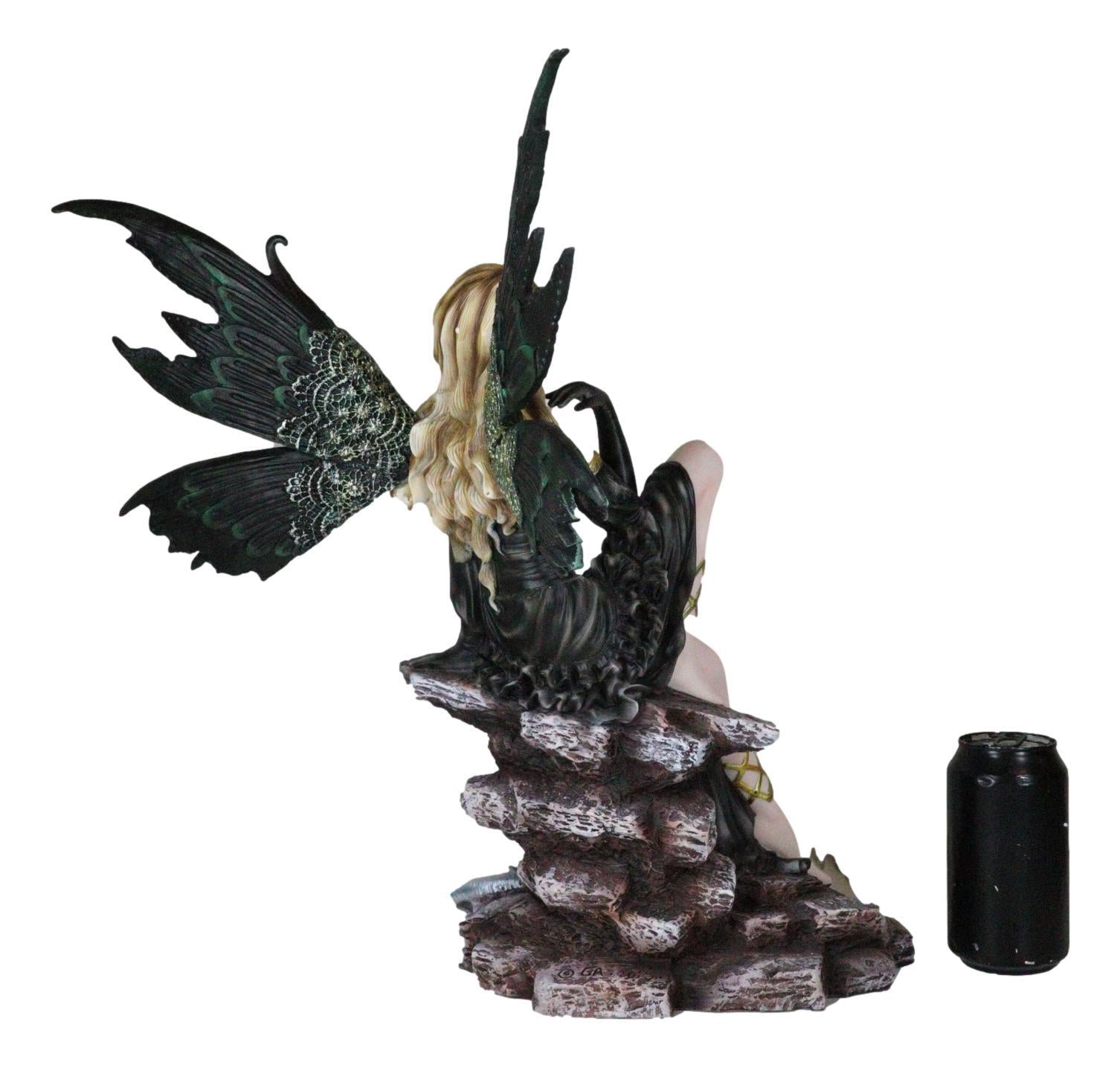 Large 17.5"H Collectible Large Fantasy Fairy with Black Dragon Figurine Statue