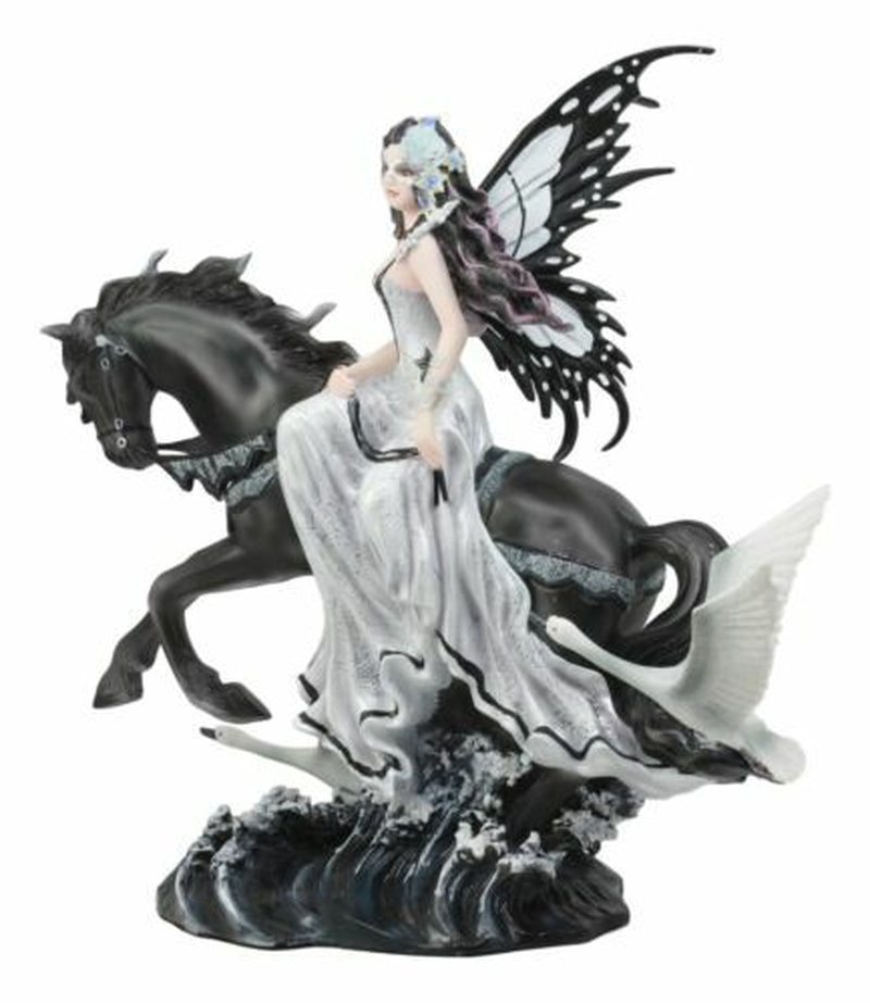 Ebros Black Beauty Masquerade Swan Fairy Riding Black Horse Figurine 12"H