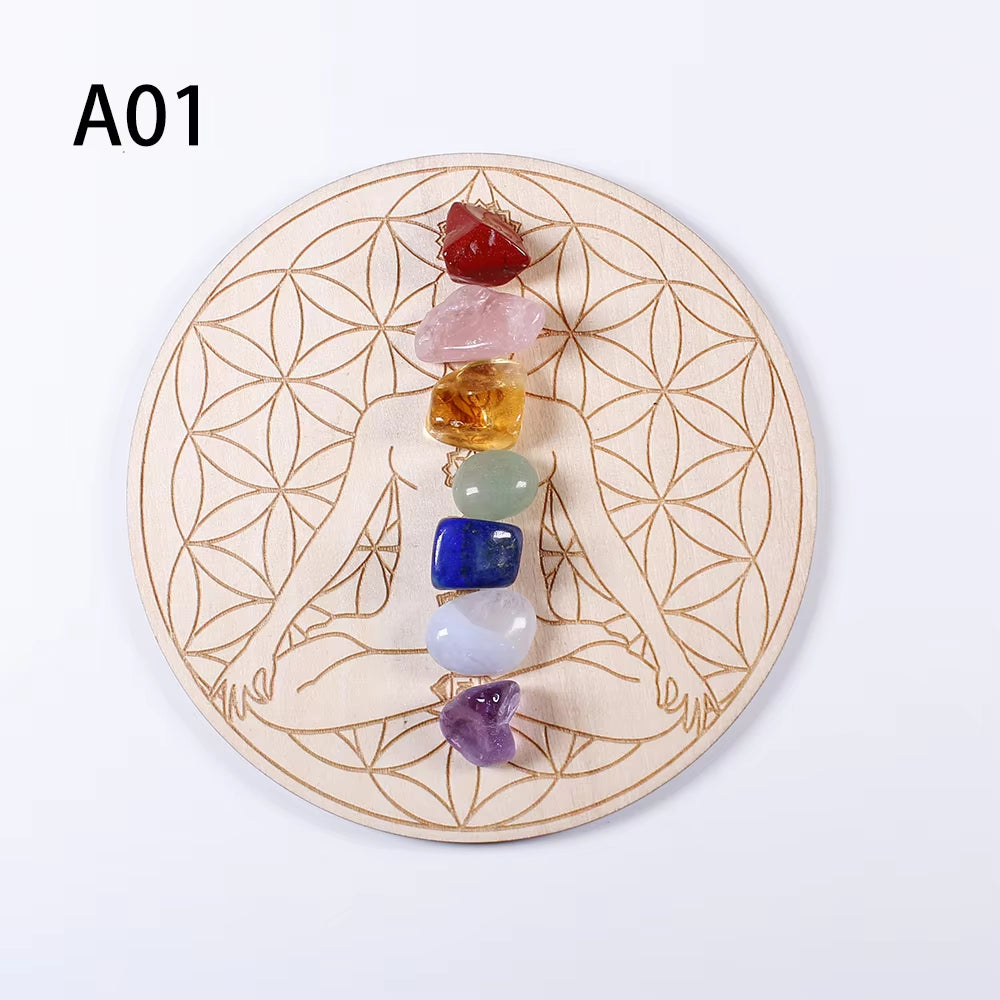 7Pcs/Set Natural Crystal Mixed Seven Chakra Healing Stone + Seven Star Array Wood Plate Gravel Chips Chakra Home Decor Gift