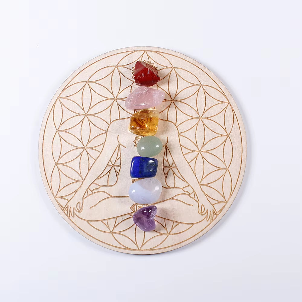 7Pcs/Set Natural Crystal Mixed Seven Chakra Healing Stone + Seven Star Array Wood Plate Gravel Chips Chakra Home Decor Gift