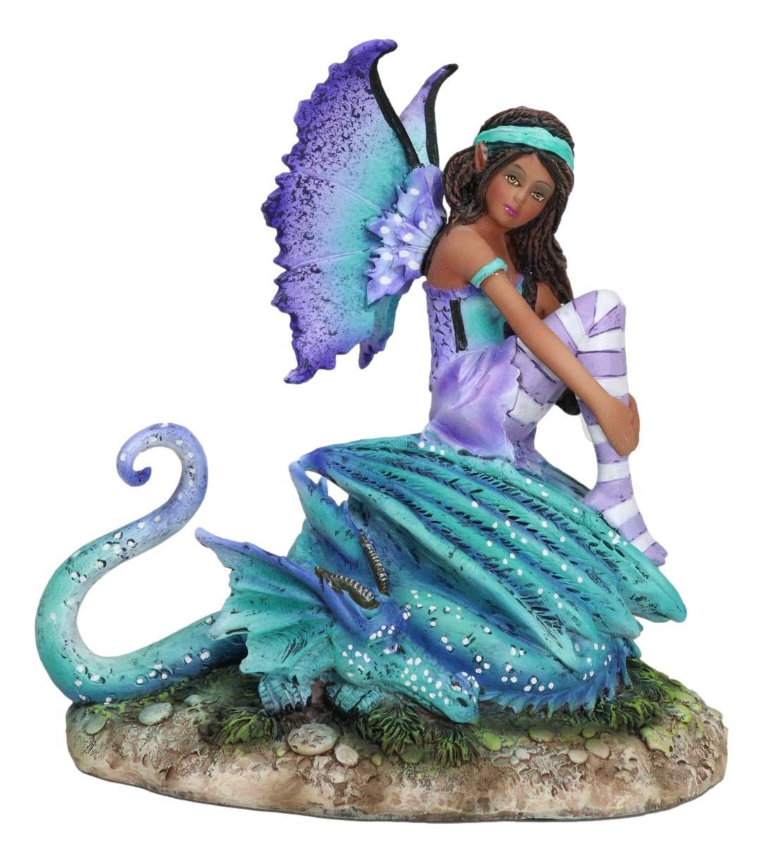 Amy Brown Fantasy Magic Turquoise Ebony Fairy Perching on Water Dragon Figurine