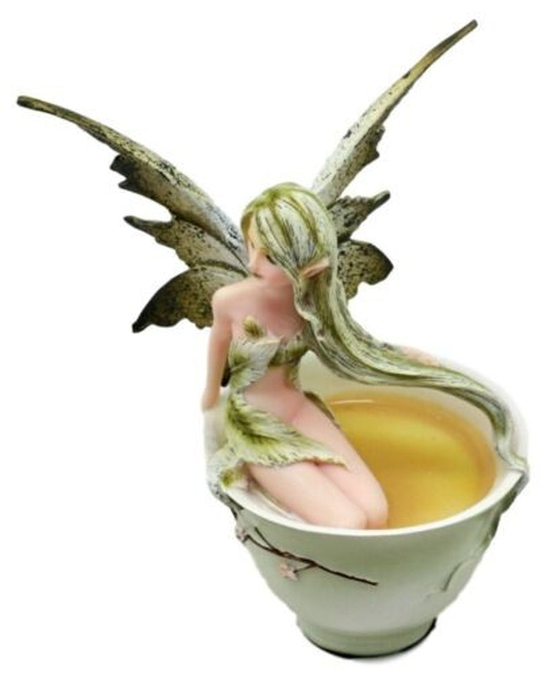 Ebros Amy Brown Matcha Green Tea Fairy in Teacup Figurine Fairy Garden 6"H