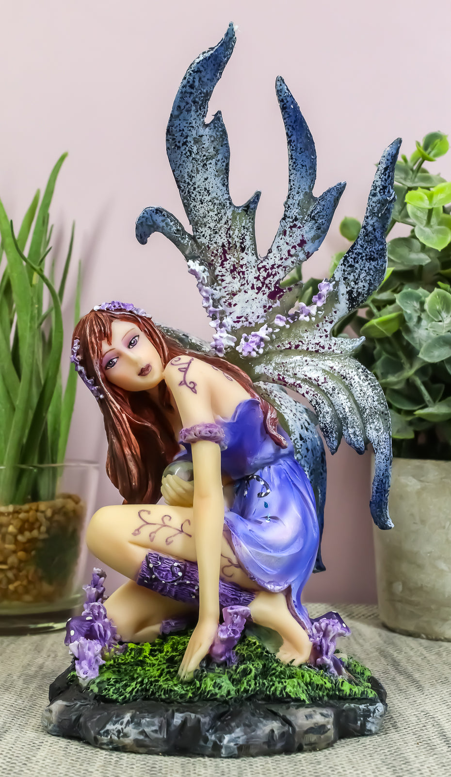 Kneeling Red Haired Purple Lavender Tribal Fairy Garden Statue 7.25"H Twilight