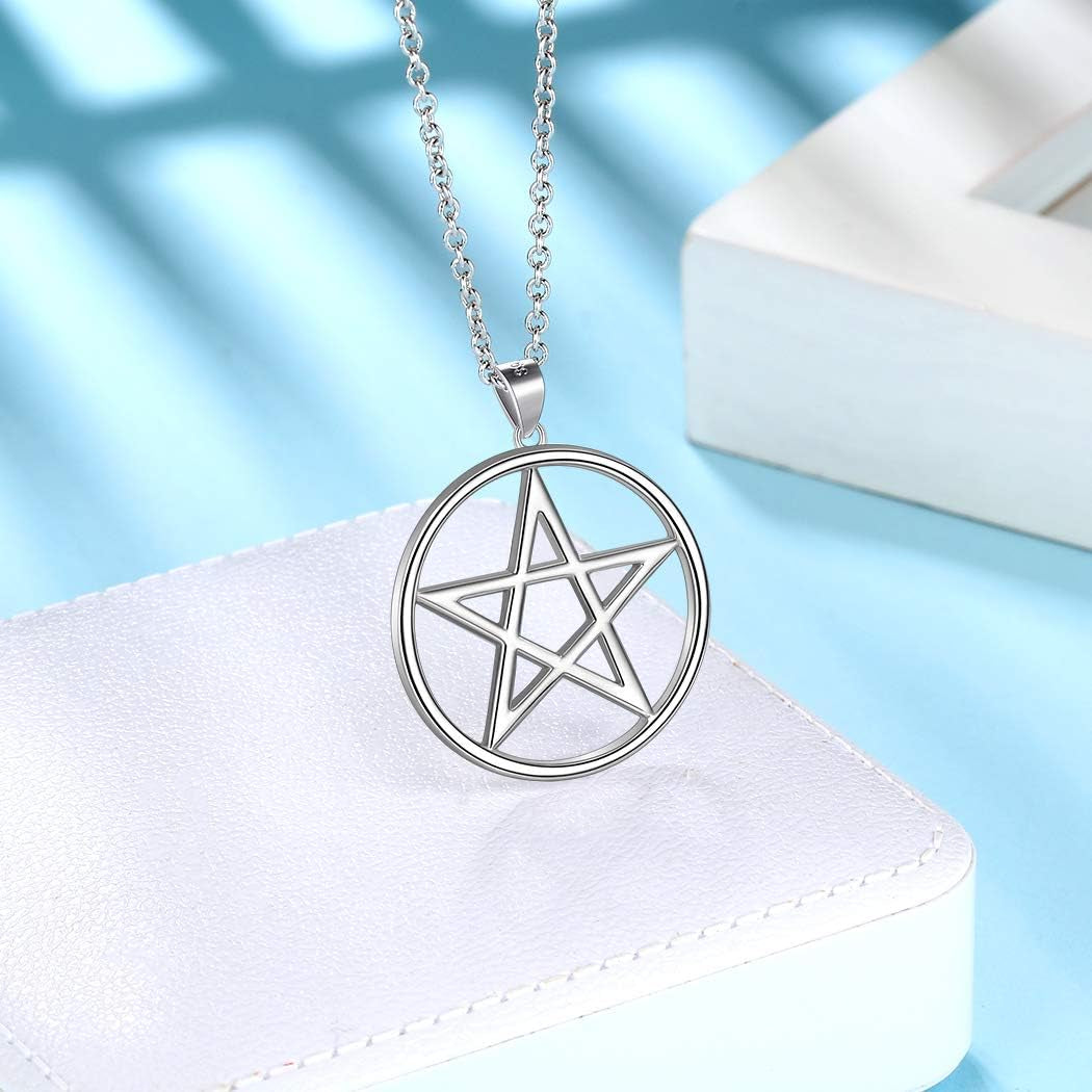 925 Sterling Silver Pentagram Necklace - Fine Jewelry Gift for Women Men'S Pentacle Pendant Charm Gothic Wiccan Crescent Moon Cross Evil Eye Amulet