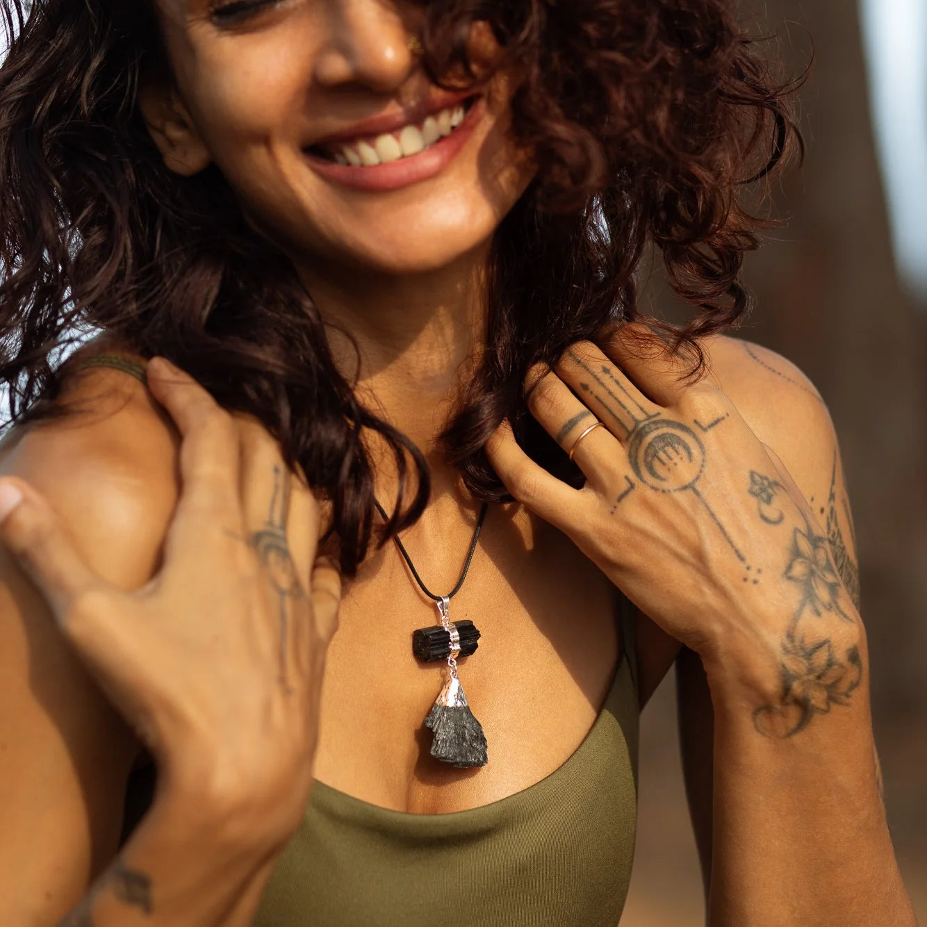 Ayana Natural Black Tourmaline and Kyanite Healing Crystal Pendant Necklace - Pure Gemstone Pendant Comes with a Premium Pouch - Best Crystal Gifts for Women