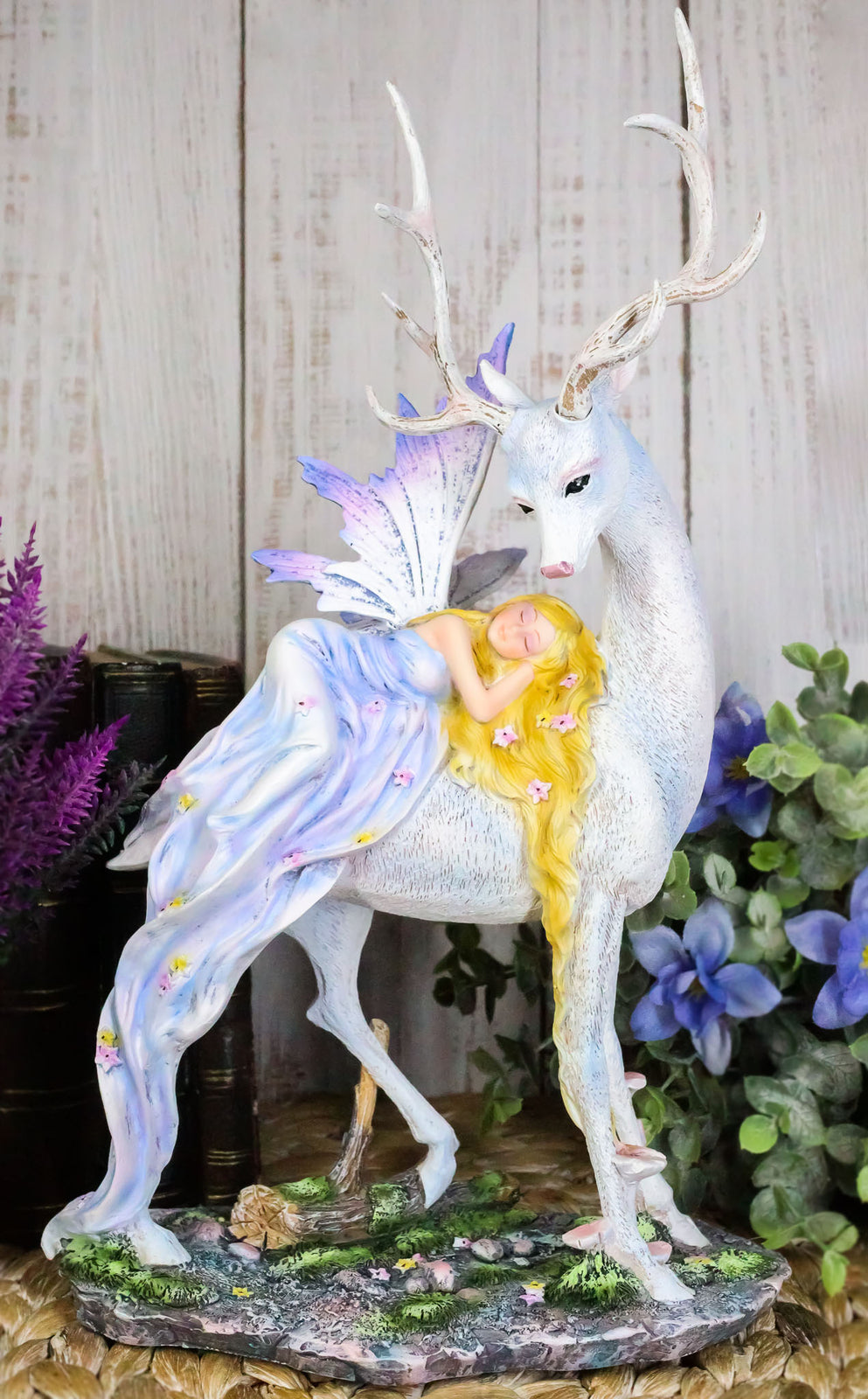 Ebros Large Blonde Fairy Sleeping on Sacred Capiz Blue Pearl Stag Elk Statue