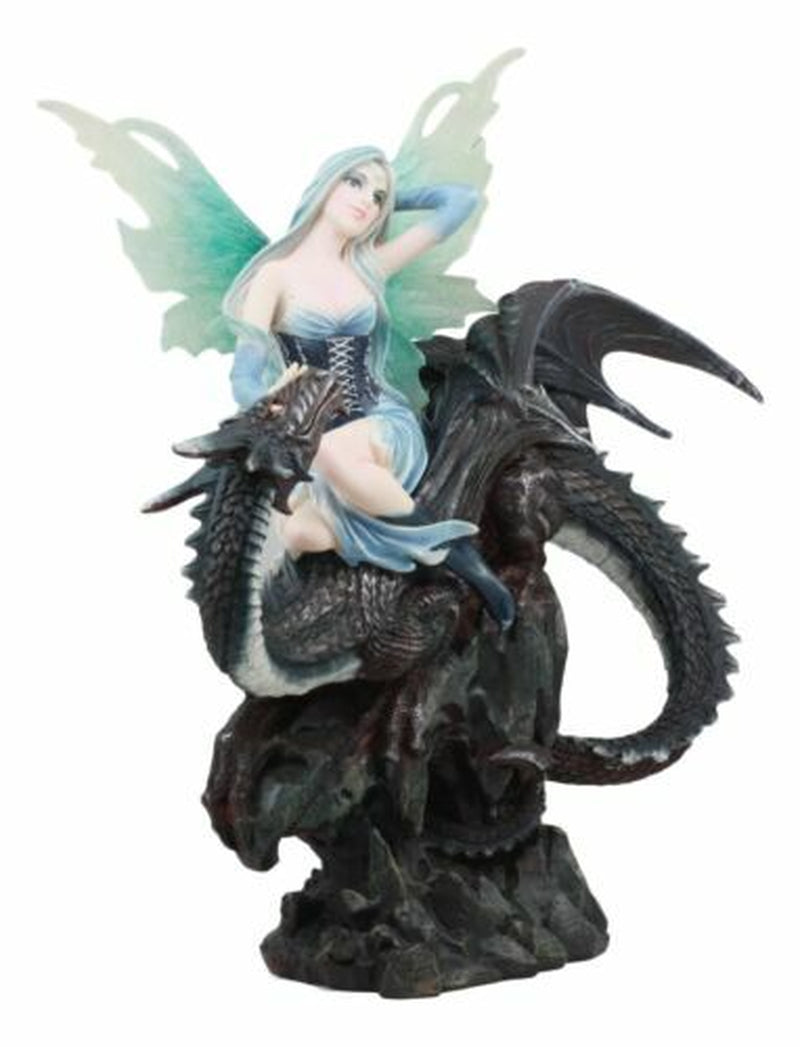 Large 13" Tall Blue Ice Frozen Lair Fairy with Black Skull Dragon Figurine
