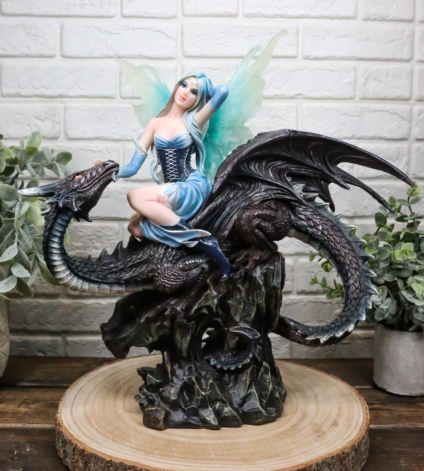 Large 13" Tall Blue Ice Frozen Lair Fairy with Black Skull Dragon Figurine
