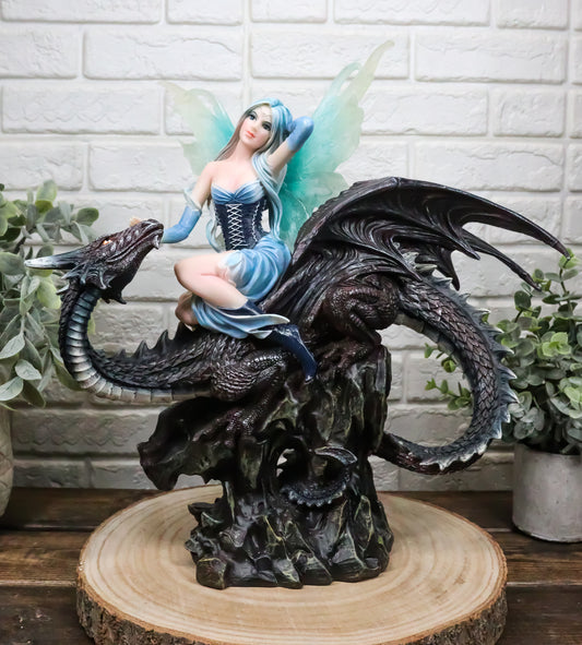 Large 13" Tall Blue Ice Frozen Lair Fairy with Black Skull Dragon Figurine